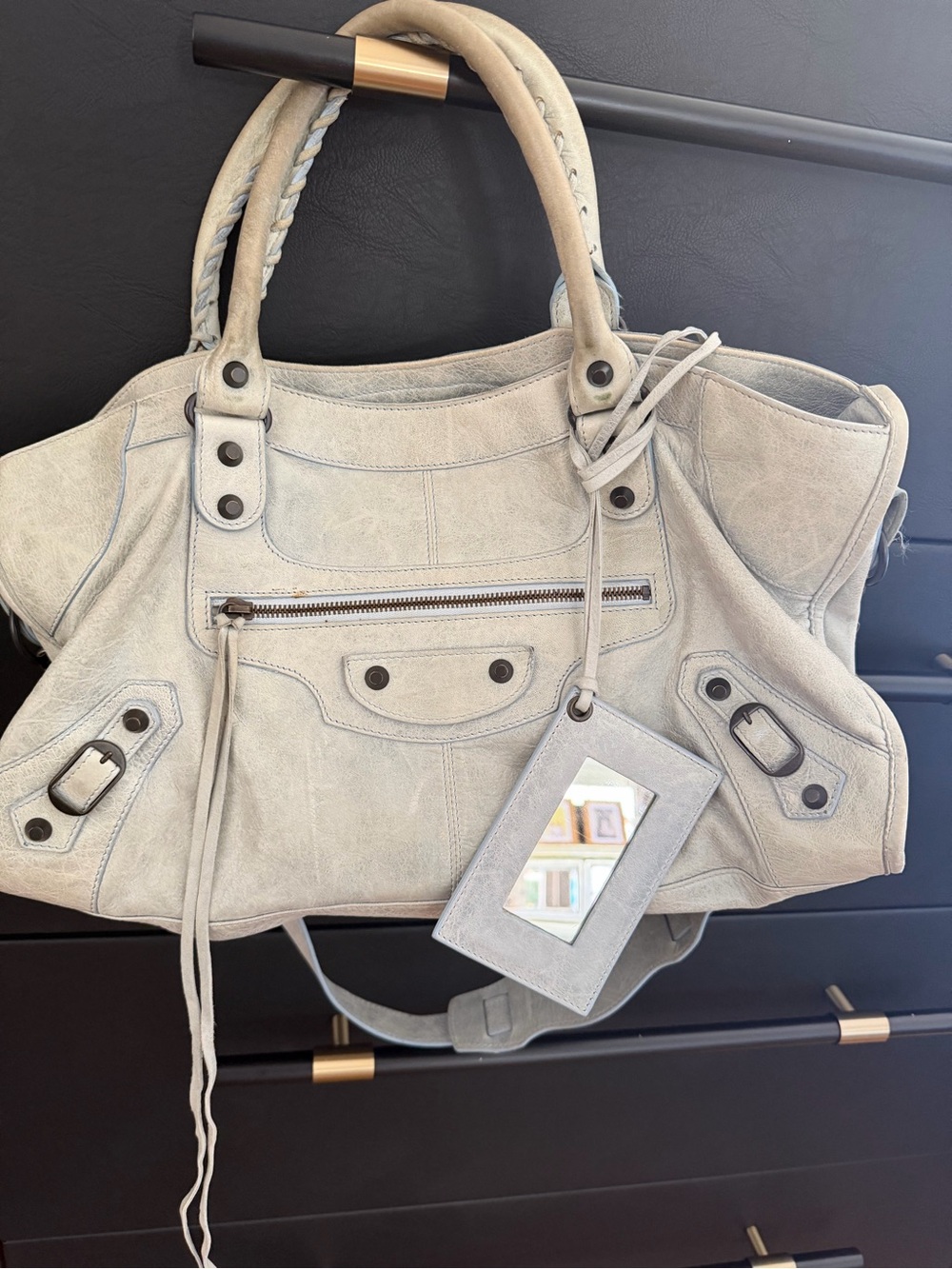 Balenciaga Light Beige Suede Shoulder Bag with Mirror Tag